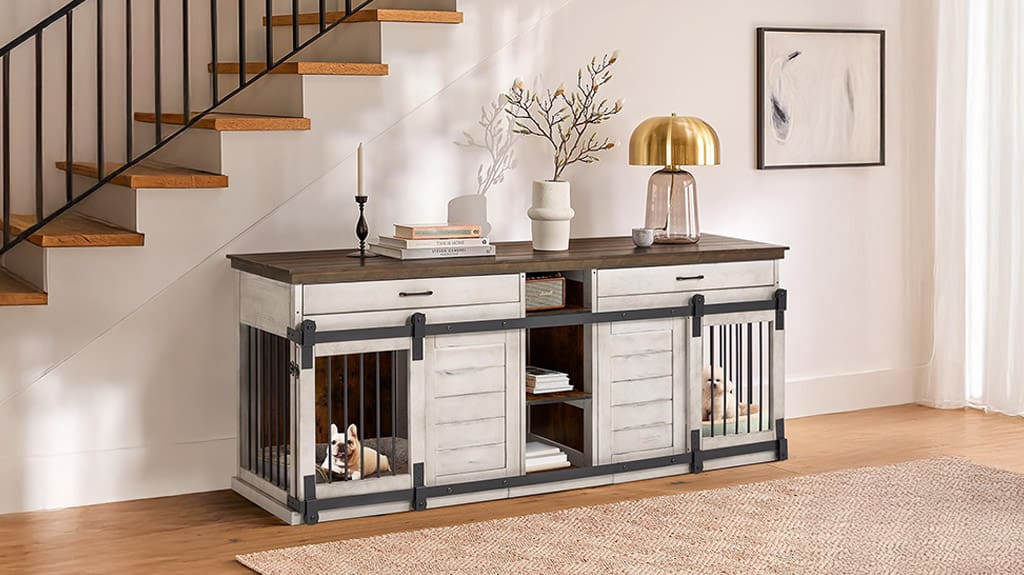 Dog Crate Furniture Solid Wood Heavy Duty Dog Crates for Large Dogs – Indoor Double Dog Crate with Storage and Sliding Doors Dog Crate Furniture Solid Wood Heavy Duty Dog Crates for Large Dogs - Indoor Double Dog Crate with Storage and Sliding Doors